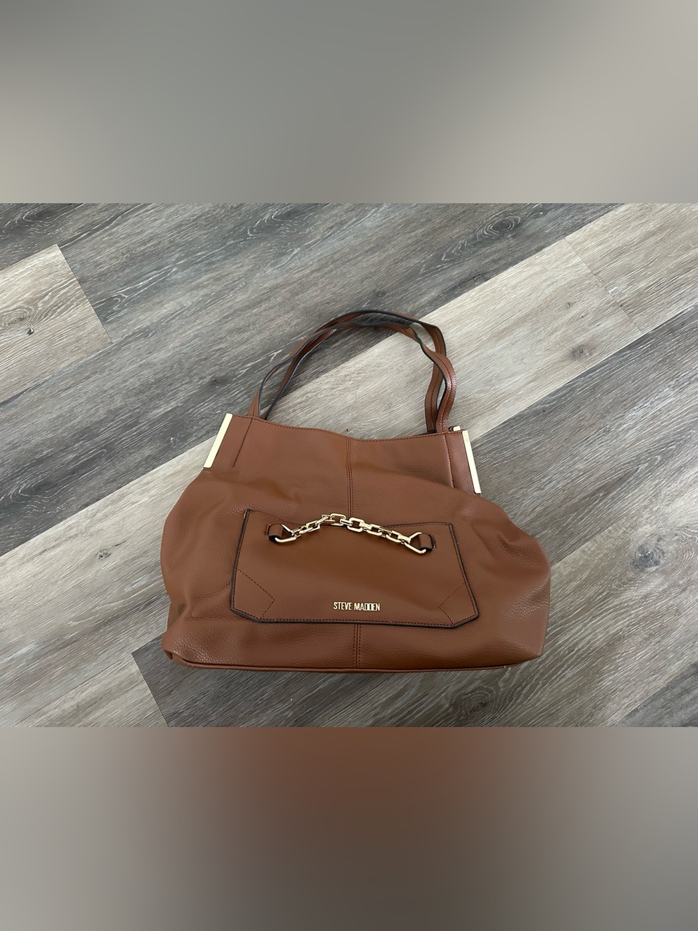Steve Madden Cognac Pebbled Leather Shoulder Tote with Gold Chain Accent